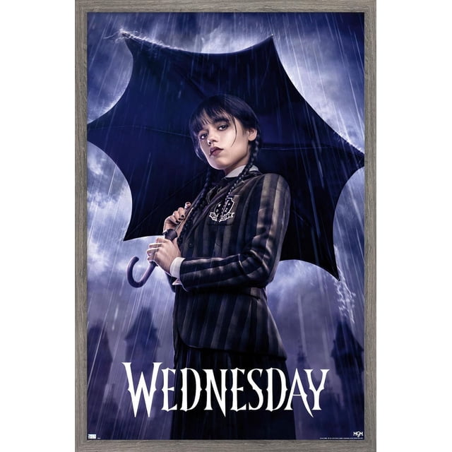 Wednesday - One Sheet Wall Poster, 22.375" x 34", depicting a figure in a black and gray striped blazer holding a bat-wing shaped black umbrella in the rain, set against a dark cloudy sky with gothic architecture silhouettes, with WEDNESDAY in white gothic font at the bottom, ideal for bedroom or office wall decor.
