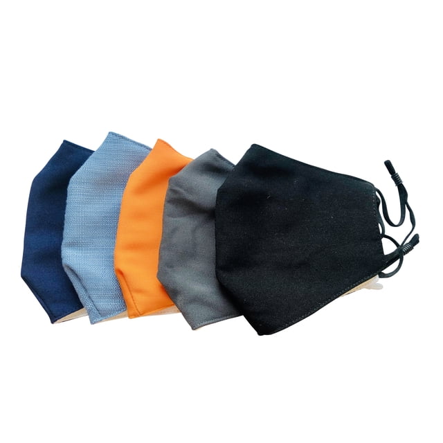 Triple Layer Cotton Face Mask featuring a set of reusable adult masks in various colours including navy, light blue, orange, grey, and black. Each mask is made with a triple-layer cotton design, includes a filter pocket, adjustable ear straps, and a soft cotton finish. Designed for average adult face sizes, the masks measure 9 inches wide by 5.1 inches high (23 cm x 13 cm). Handmade with slight size variations possible. Non-medical masks shipped without plastic packaging.
