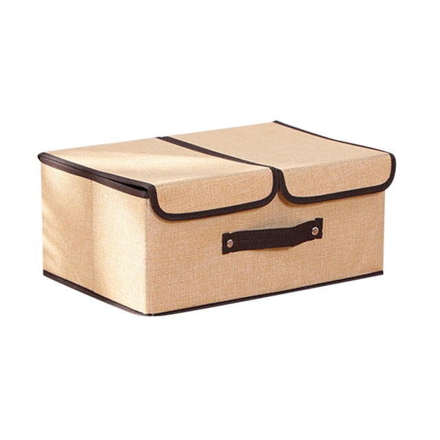 Foldable Fabric Storage Cube With PU Leather Handles Decorative Lidded Linen Organizer For Home Textile Clothes And Accessories