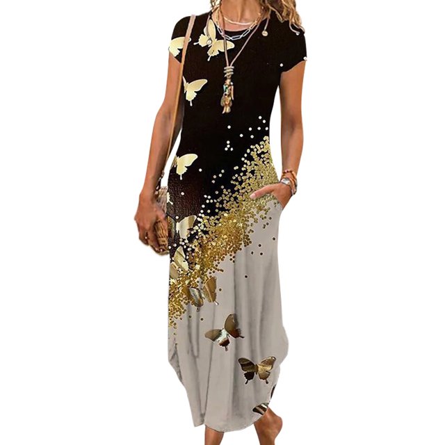 MAWCLOS Robes Maxi pour Femmes Robe Longue à Imprimé Floral Manches Courtes Été Plage Robe d'Été Caftan Vacances Col Rond Noir 3TG