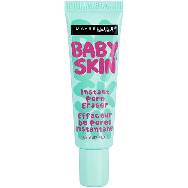Maybelline New York Baby Skin®, Instant Pore Eraser®, 20 ml turquoise tube with bright pink lettering, a lightweight face primer that instantly smooths skin and minimizes pores for a matte finish, suitable for use alone or under foundation.