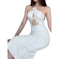 thumbnail image 3 of Faithtur Femmes Modifié Cheongsam Longue Robe Couleur Unie Floral Décoration Licou Cou Épaule Coupe Robe, 3 of 6
