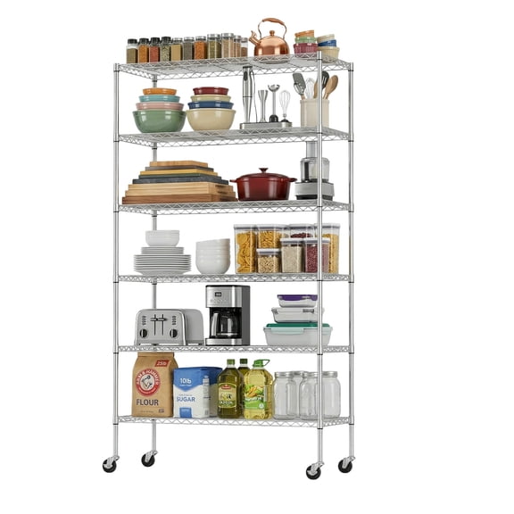 FDW Étagère Grillagée Robuste à 6 Niveaux, Roulettes, Étagère de Rangement en Métal Ajustable pour Garage, Capacité de 2100 Lb, Chrome