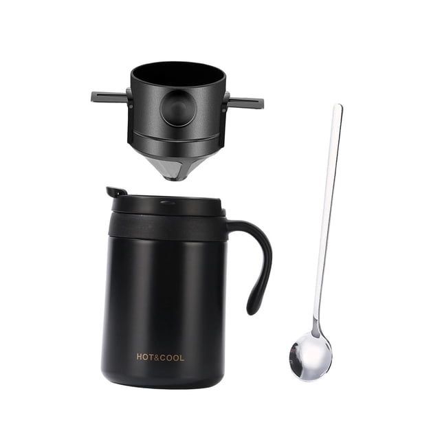 Luzkey Pour-over Coffee Maker Set, Camping Coffee Maker with Lid, Paperless Drip Coffee Maker, Portable, with And Spoon for Backpacking And Hiking. Black