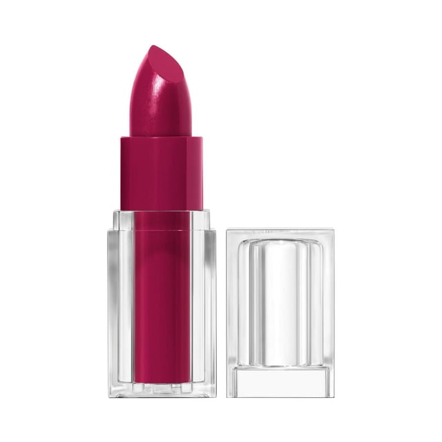 Clean Lip Color satin finish lipstick in a deep berry shade with 24-hour wear, in a clear rectangular tube with a clear cap, infused with 3% squalane, avocado, and aloe for moisture-rich, non-drying, carmine-free vivid lip color suitable for all-day hydration.