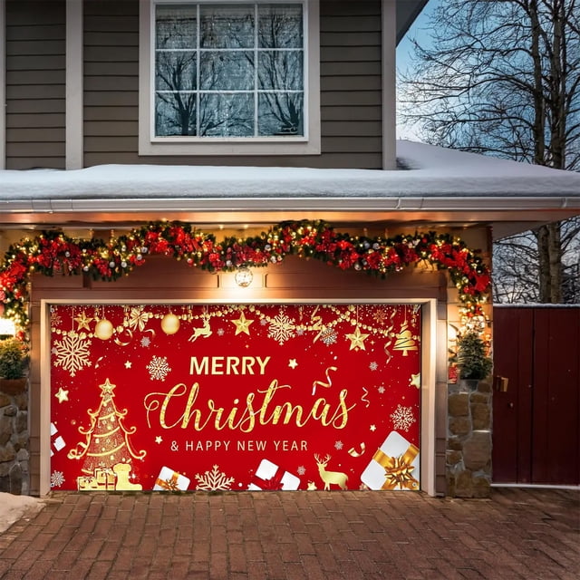 Drapeau de Garage de Noël Extra-Grand 480x180 cm pour Décoration de Porte Extérieure - Bannière en Polyester Résistant aux Intempéries pour Fêtes Festives, Rassemblements des Fêtes et Présentation de Toile de Fond Saisonnière