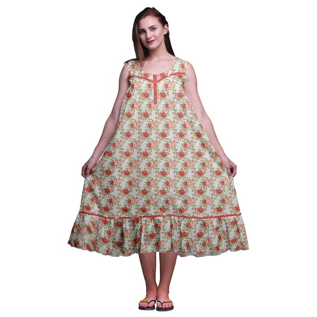 Bimba Chemises de Nuit en Coton Imprimé Pêche Foncée Feuilles Florales et Roses pour Femmes Robe Sans Manches Tenue de Nuit Robe Maxi Très Grande
