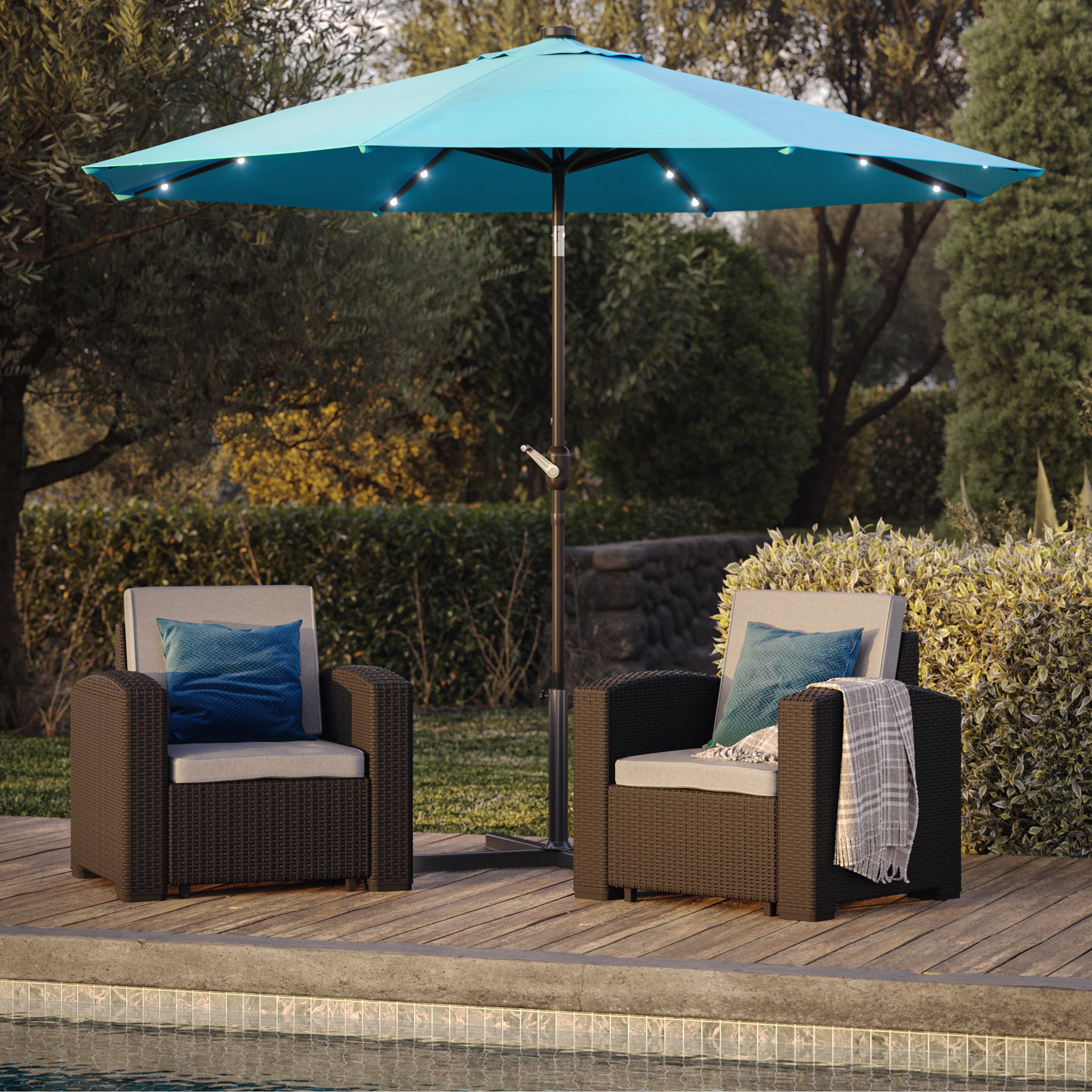 CorLiving Pegasus 9ft Round Tilting Patio Umbrella with Solar Powered LED Lights and Powder-Coated Steel Frame, Sky Blue