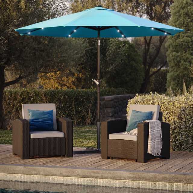 CorLiving Pegasus 9ft Round Tilting Patio Umbrella with Solar Powered LED Lights and Powder-Coated Steel Frame, Sky Blue
