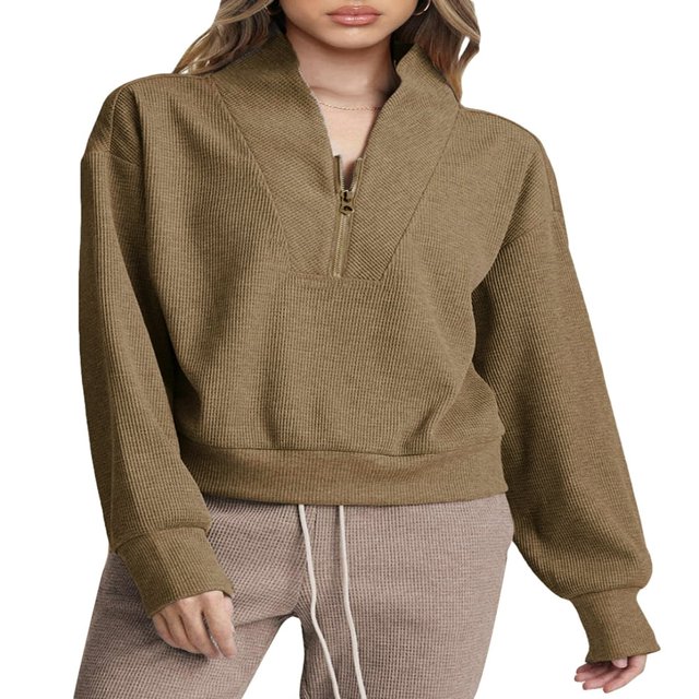 Solid Color Stand Collar Zipper Women‘s Loose Sweatshirt