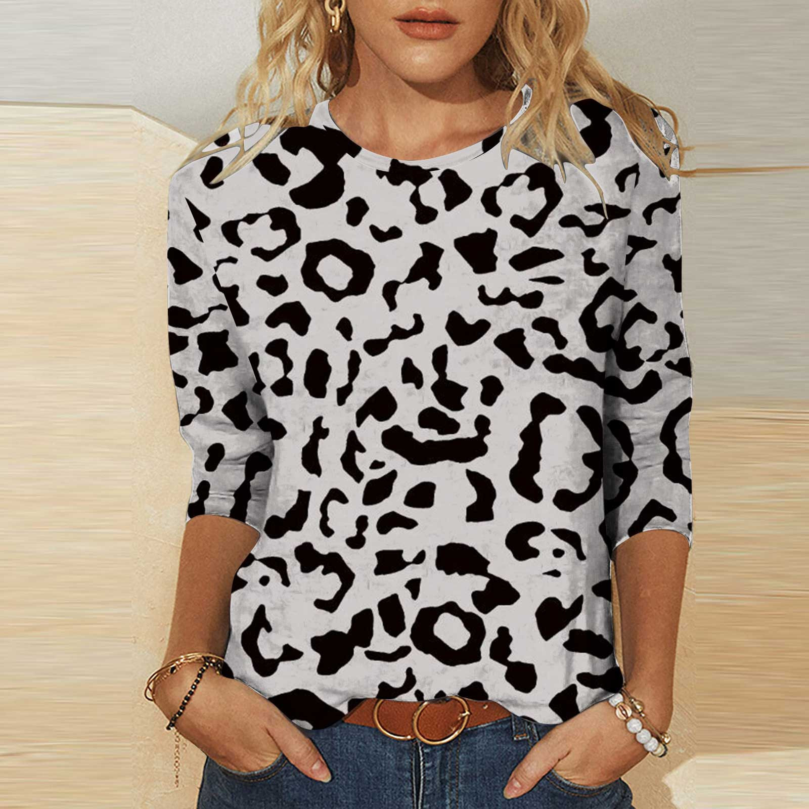 Hauts d'Été pour Femmes, T-shirt Imprimé Mode pour Femmes, Blouse à Manches 3/4, Col Rond, Hauts Décontractés, Grande Taille, Aguichant, en Liquidation