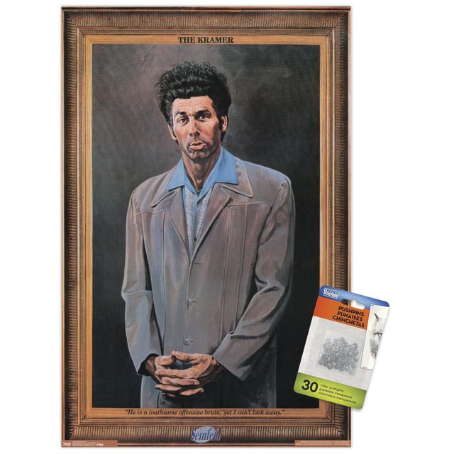 Seinfeld - Kramer Wall Poster, 22.375" x 34" featuring a framed portrait of Kramer in a beige jacket and light blue collared shirt with hands clasped. The poster includes the title 'THE KRAMER' and a quote at the bottom. It comes with 30 clear pushpins for easy, damage-free hanging, suitable for home or dorm décor.
