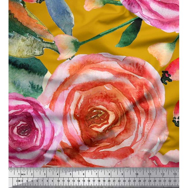 Soimoi Tissu en Satin Modal Imprimé Feuilles et Roses par Yard 42 Pouces de Large
