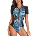 thumbnail image 2 of cllios One Piece Swimsuit Women Short Sleeve Rash Guard Summer Tropical Print Zipper Front Surfing Bathing Suit Tummy Control Athletic Sports Swimwear Black XL, 2 of 8