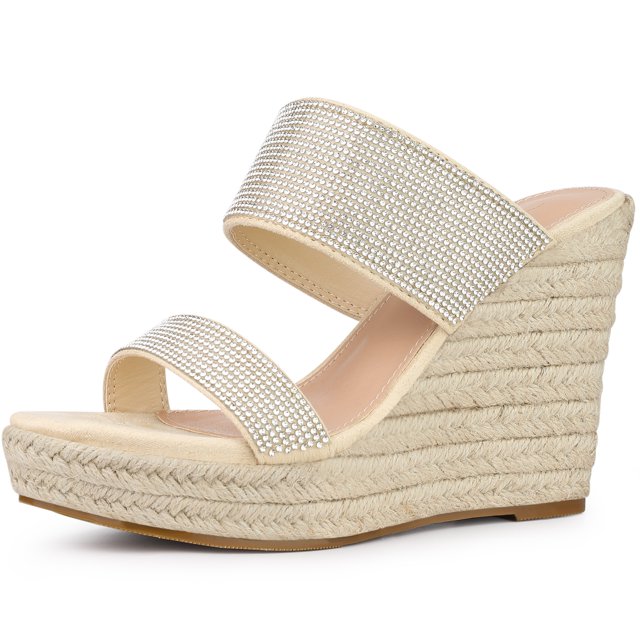 BLISSFUL STEP Sandales Compensées Espadrilles Beige à Plateforme avec Strass pour Femmes 6 m US