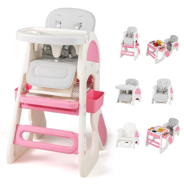 INFANS 8 in 1 Baby High Chair, Converts to Kids Table and Chair Set, with Drawing Whiteboard Building Block Tabletop, Suitable for Dinning Studying Playing. Convertible high chair that converts to a toddler table and chair set with reversible whiteboard/building-block tabletop, double-layer adjustable tray, 3-position backrest, 5-point safety harness, side storage drawers, waterproof PU seat cushion and dishwasher-safe tray.