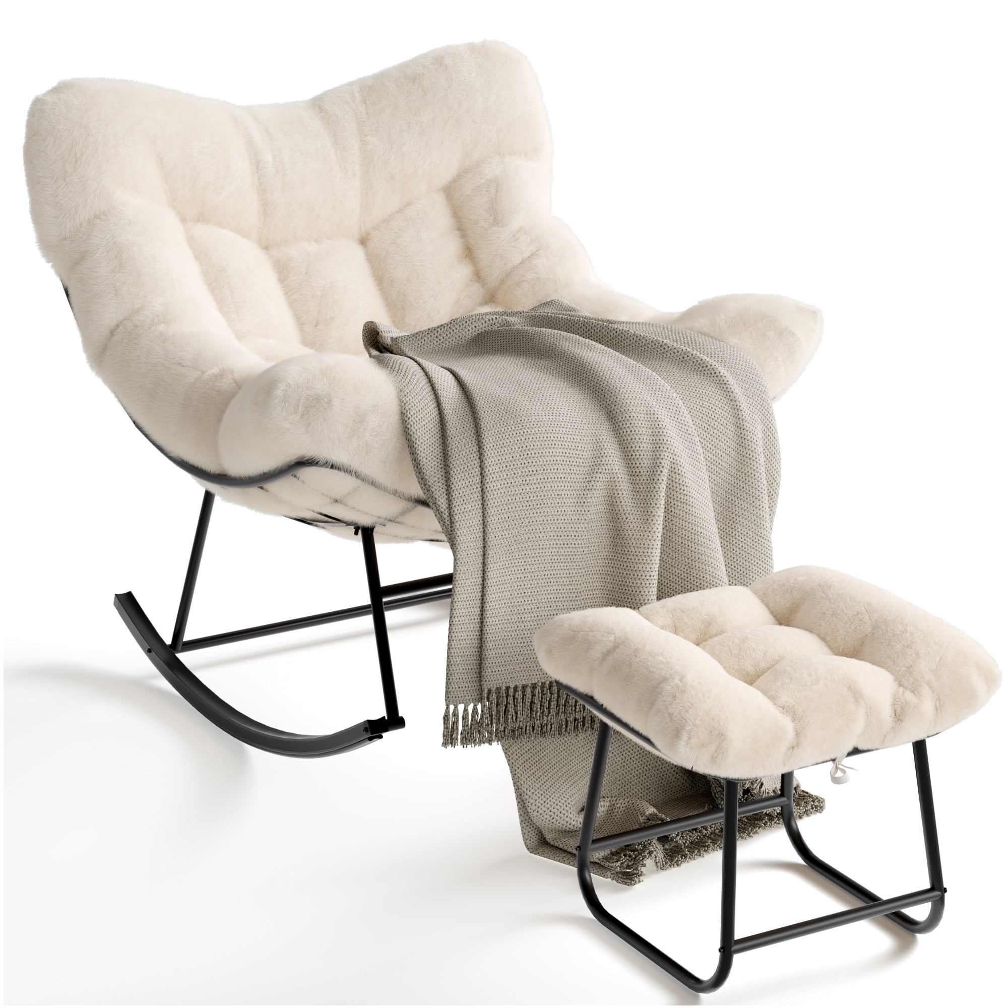 BeesClover Patio Rocking Chair, Outdoor Oversized Papasan Rocking Chair with Ottoman, 450lb Capacity, All-Weather PE Rattan Egg Rocker for Porch, Backyard, Balcony