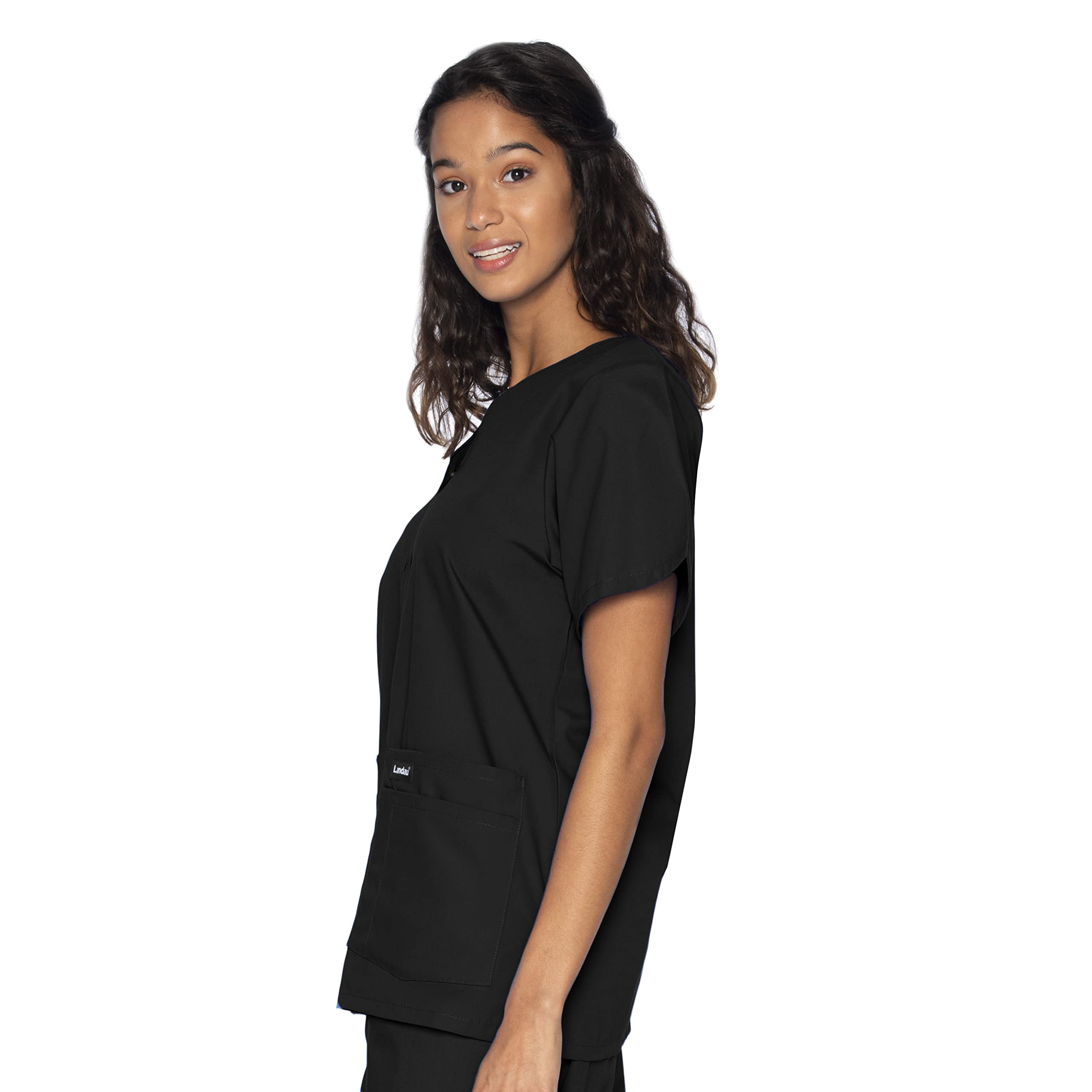 Landau Essentials Haut d'Uniforme à Boutons-Pression pour Femme, Coupe Classique Décontractée, Col en V, 4 Poches