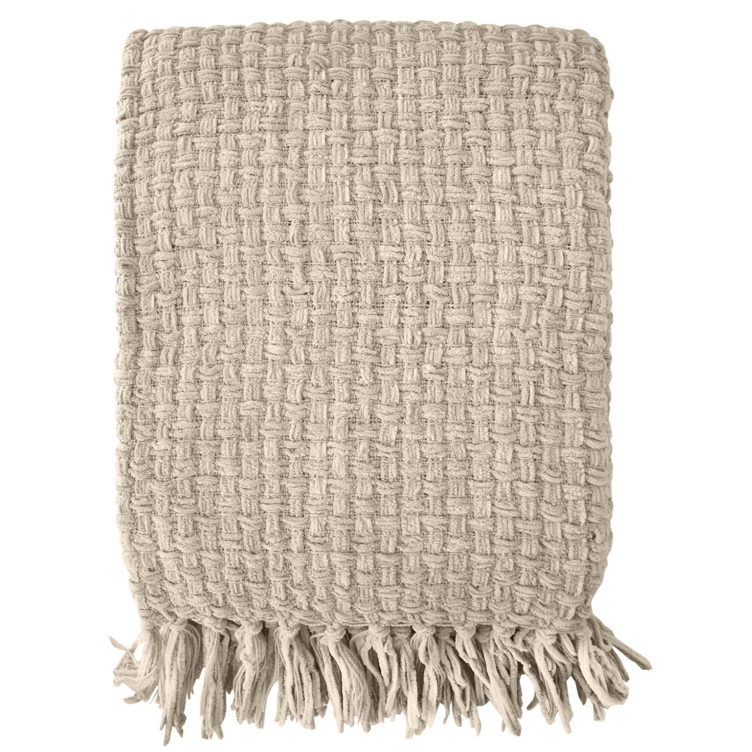 Chenille Basket weave Knit Throw with Fringe, Lightweight Breathable Chenille Blanket for Couch, Chair, Bed, Outdoor Use