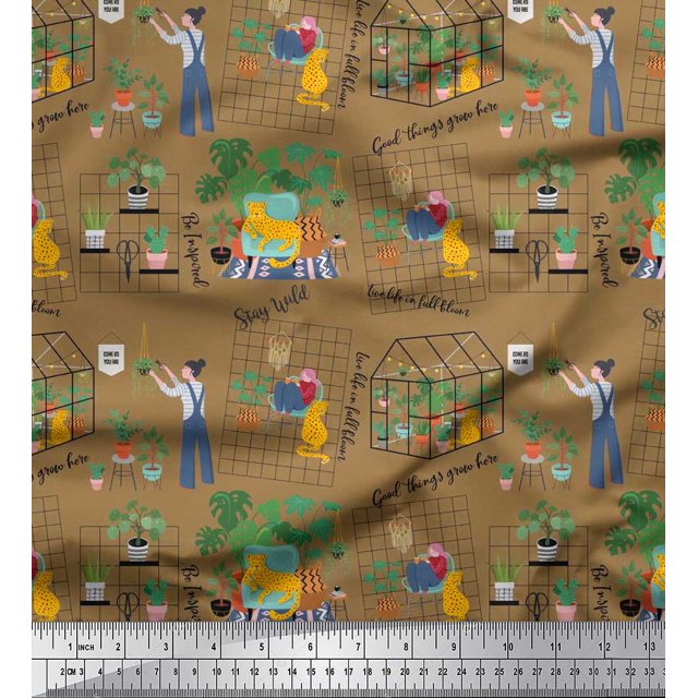 Soimoi Polyester Crepe Fabric Tropical Leaves,Leopard & Girl Scene Printed Craft Fabric by The Yard 52 Inch Wide