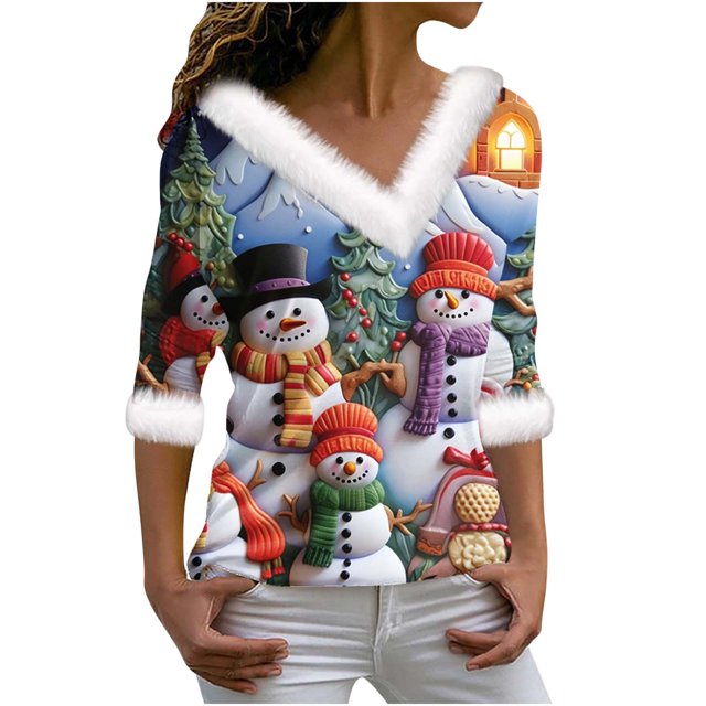 Birdeem Joyeux Noël Blouse Décontractée à Manches Longues Col en V pour Femmes