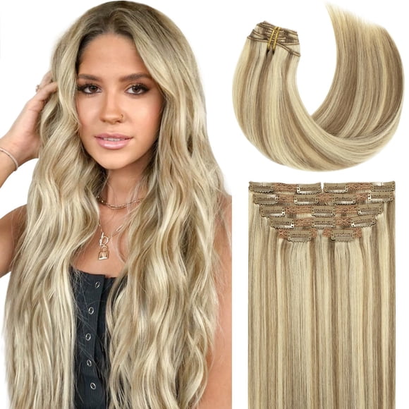 Lacer Extensions de Cheveux à Clip en Vrais Cheveux Humains 20 Pouces Brun Clair Blond Platine Mis en Valeur Épais Soyeux Lisse Remy Extensions de Cheveux Humains à Clip en 7 Pcs 120 Grammes