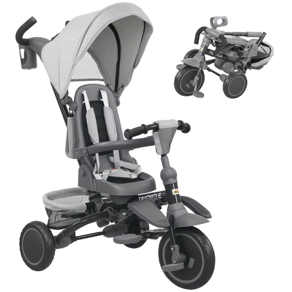 Qaba 6 in 1 Toddler Tricycle for 1-5 Years Old with Push Handle, Grey