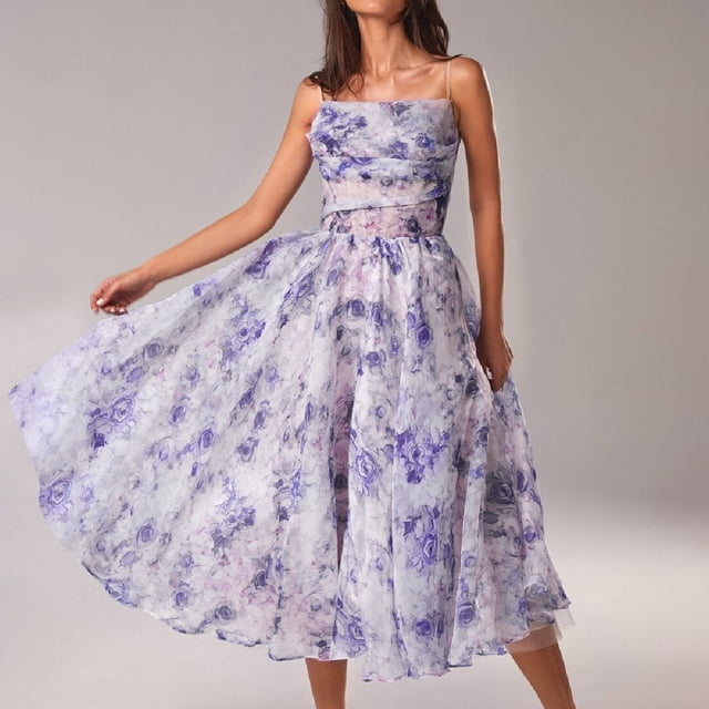FcBaudy Robe Camis Sans Manches à Col en V, Robes d'Été pour Femmes, Robes pour Femmes à Bretelles Sans Bretelles en Chiffon Sans Manches Imprimées Robe Botanique Florale Robe Femme