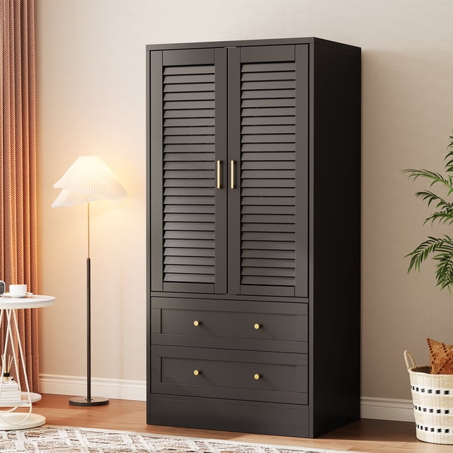 Garde-robe Spacieuse en Bois de 65 Pouces - Portes à Persiennes, 2 Tiroirs, Tringle pour Chambre, Buanderie, Entrée