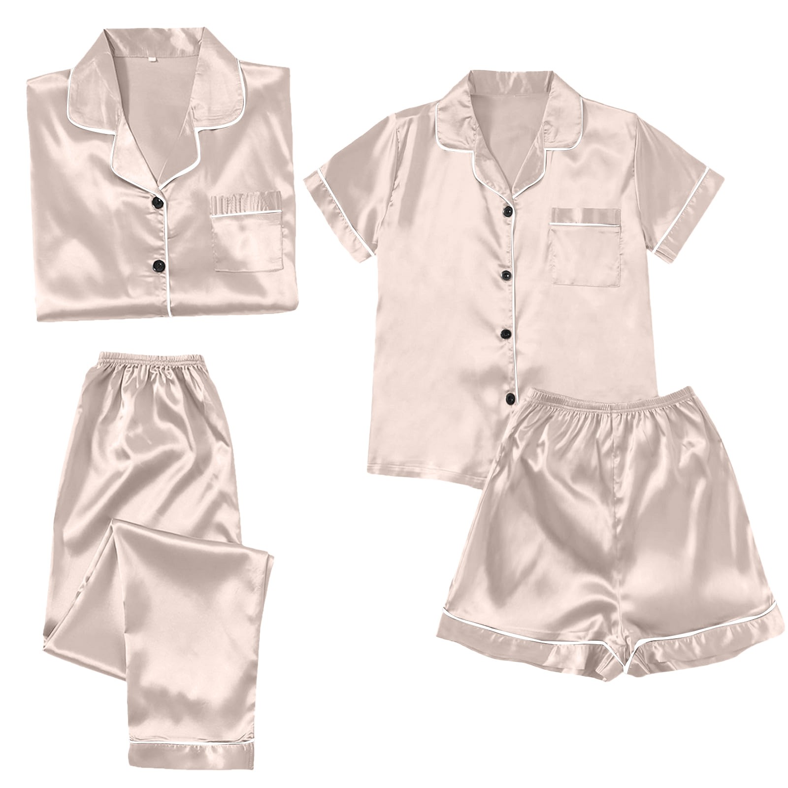 ZJXFGS Womens Summer Pajamas Sets, Silk Pajamas, Satin Pyjamas Women's Short 4 Piece Pyjamas Short Sleeve Sleepwear and Shorts Set Women Loungewear, Womens Pajama Set Rose Gold 5XL