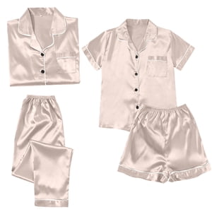 ZJXFGS Ensembles de pyjamas d'été pour femmes, Pyjama en soie, Pysama satiné pour femmes 4 Pièces Pyjamas manches courtes Vêtements de nuit et shorts ensemble Femmes Vêtements de salon, femmes Set pyjama Rose or 5XL