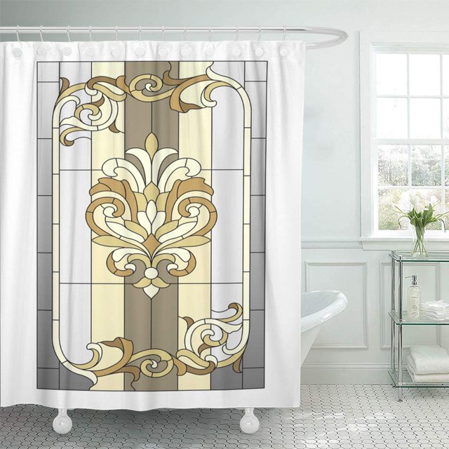 SUTTOM Pattern Door Stained Glass Window in The Baroque Modern Shower Curtain, 60x72 inch, made of polyester fabric. Features a decorative baroque-inspired stained glass design in beige, gold, and gray tones. Designed to fit standardized bathtubs, with a soft and environmentally friendly material. Displayed in a bright bathroom setting with a clawfoot tub and tiled floor.