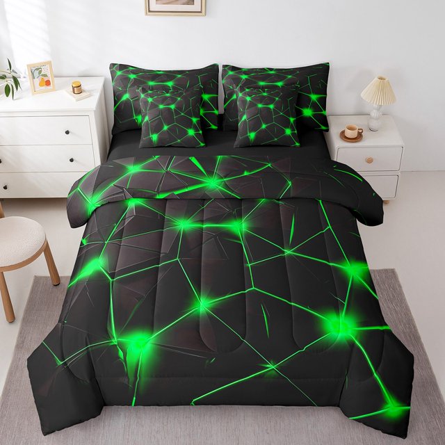 Erosebridal Abstract Bedding Sets King Size, Green Black Comforter Sets with Sheets, Geometric Line Decor, Reversible 7pcs