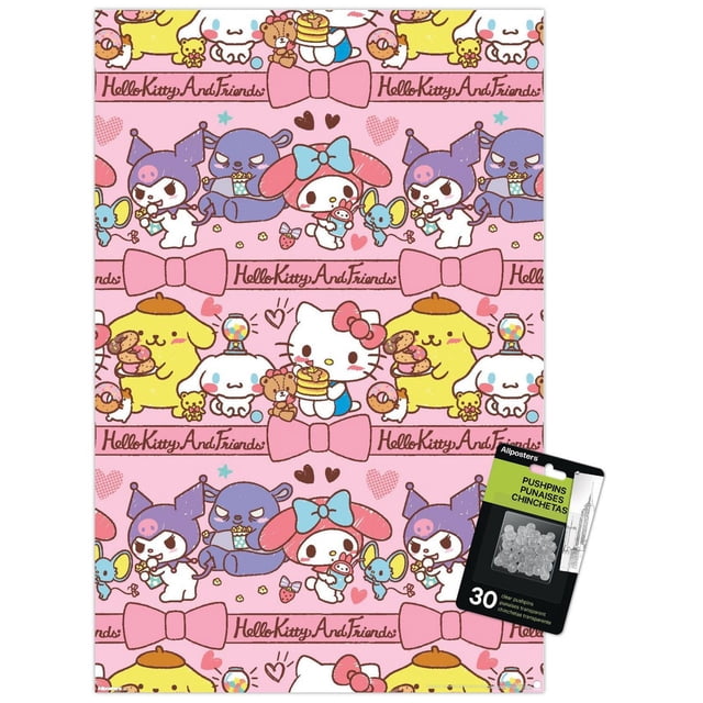 Hello Kitty and Friends : 25 Collation Time - Affiche Murale Collage, 14,725 Po x 22,375 Po Encadrée, Présentant un Motif Rose Répétitif avec des Personnages Hello Kitty and Friends Prenant des Collations, Accentuée de Nœuds Roses et de Cœurs, art Mural Idéal pour Chambres, Bureaux Ou Dortoirs, Léger et Facile à Accrocher avec un Accroche-Dents de Scie.