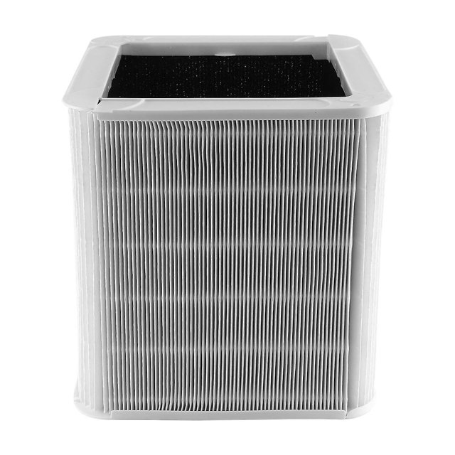 Replacement HEPA filter for Blue Pure 211+ air purifier, featuring a combination of particle and carbon filtration for improved air quality. The filter is rectangular with pleated white material and a black interior, designed to remove household odors, gases, smoke, and fine particles. Compatible only with Blue Pure 211+ models, ensuring durable performance.