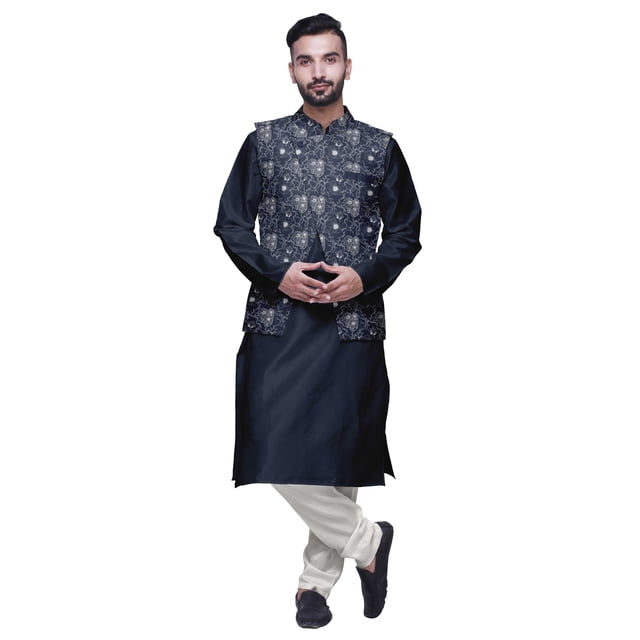 Atasi Indian Long Kurta Men Solid Kurta Pajama With Printed Nehru Jacket Set