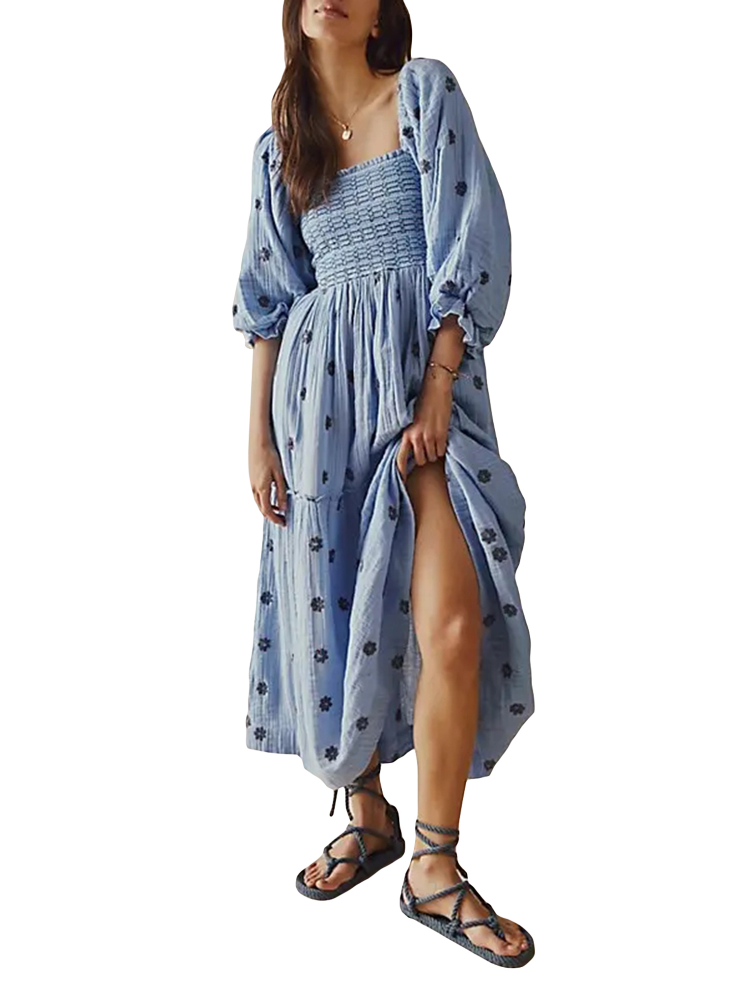 Kmbangi Robe Longue Décontractée d'Été pour Femme, Fleurs Brodées 3D, Encolure Carrée, Manches Bouffantes, Robe Mode Dos Nu, Robe Trapèze