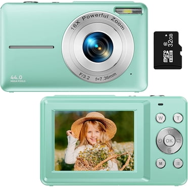 Digital Camera, Kids Camera with 32GB Card FHD 1080P 44MP Vlogging Camera 16X Zoom Compact Portable Mini Rechargeable Camera Gifts for Students Teens Adults Girls Boys-Green