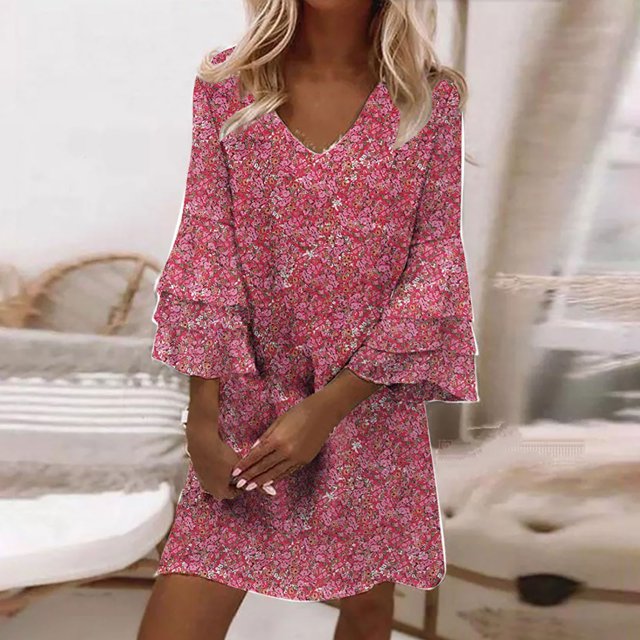 pstuiky Robes pour Filles, Robe à Manches à Col en V Imprimée à Volants pour Femmes, Robe de Travail, Soldes