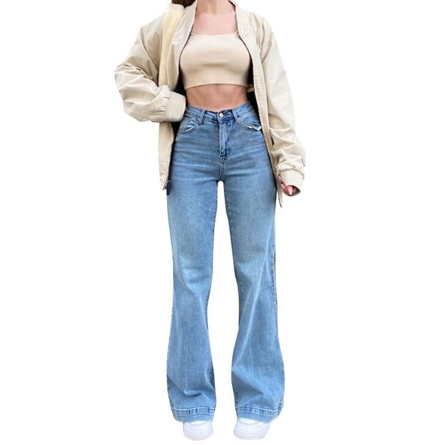 Bmisegm Jeans Évasés Taille Haute pour Femmes, Bleu Pâle, L