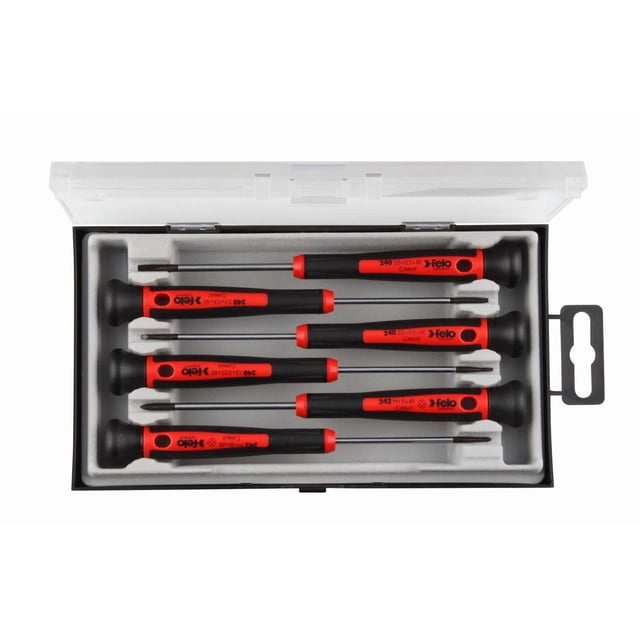 Precision Screwdriver Set 6 pcs Slotted/Phillips in a black plastic case with clear lid, containing six screwdrivers with black and red polypropylene handles featuring anti-roll design and freely rotating caps, blades made of chrome molybdenum-vanadium steel sized 1.5x60, 2.0x60, 2.5x60, 3.0x60 mm slotted and Phillips 00x60, 0x60, ideal for precise hand tool applications and organized storage.