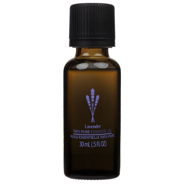 ScentSationals 100% Essential Oil Lavender in a 30 mL amber glass bottle with black child-proof cap, featuring a lavender sprig graphic and bilingual label, ideal for use in aromatherapy diffusers to promote calm and relaxation.