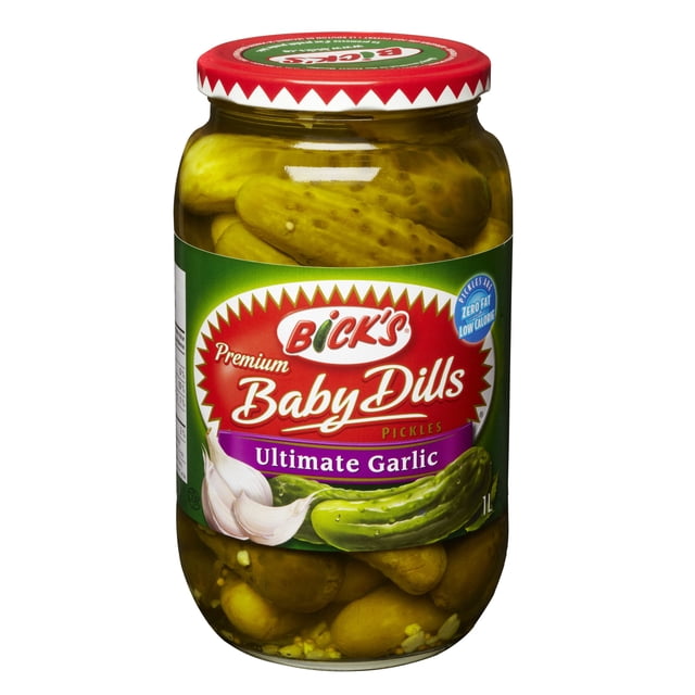 Bicks Ultimate Garlic Baby Dill 1L jar with whole baby dill pickles in brine, featuring a red zigzag lid and green label with garlic and cucumber illustrations, highlighting zero fat and low calorie content, ideal for crunchy, tangy snacking or sandwich topping.