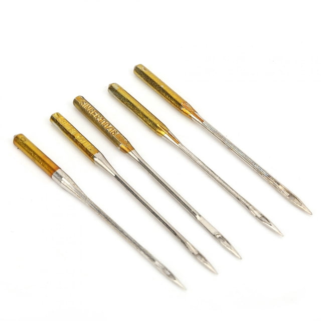 Electric Sewing Machine Needle Household Sewing Needle 5 Packs, featuring metal construction with a smooth surface and no burrs for fabric protection. Includes five needle sizes: HAx1 9#, 11#, 14#, 16#, and 18#, suitable for multifunctional household sewing machines. Designed for durability and ease of threading, with high hardness to prevent breakage. Compatible with SINGER sewing machines.