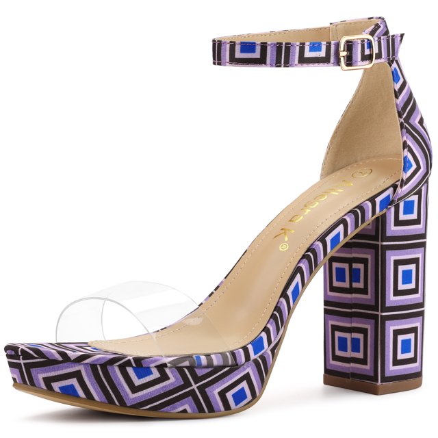 BLISSFUL STEP Sandales à Talons Blocs à Plateforme Transparente Imprimées pour Femmes Violet 7
