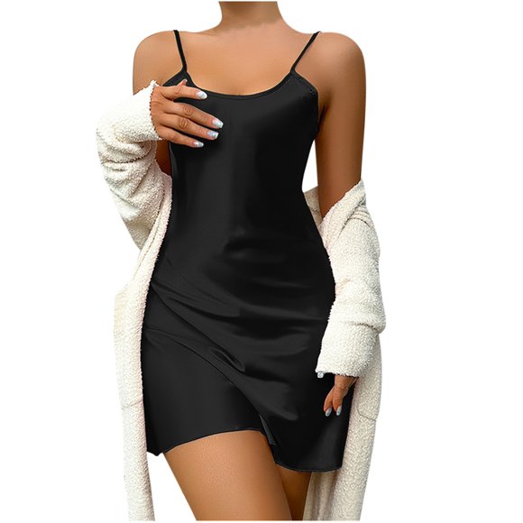 Ersazi Women Sexy Open Back Ice Silk Suspender Skirt Solid Color New Summer Pajama Short Skirt Home Clothing Simulated Silk Pajama Skirt In Clearance Womens Pajamas Shorts Set Black M