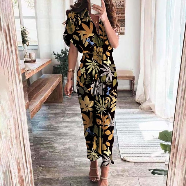 Robe Maxi Grande Taille Femme Décontractée à Manches Mi-Longues Robe Col Rond à Imprimé Floral Robe Chemise Longueur Cheville Robe à Manches Courtes en Liquidation