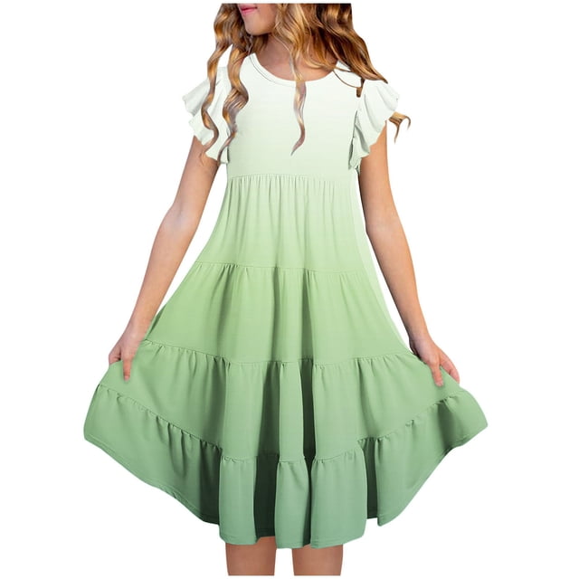 RXIRUCGD 2025 Vêtements d'Été pour Enfants Mode Filles Nouvelle Robe d'Été à Manches Courtes Poches à Volants Col Rond Imprimé
