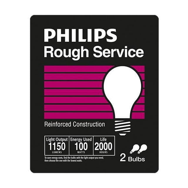 PHILIPS 100W A19 Medium Base Rough Service Incandescent Light Bulbs packaging showing reinforced construction, 1150 lumens light output, 100 watts energy use, 2000 hours life, and 2 bulbs included.