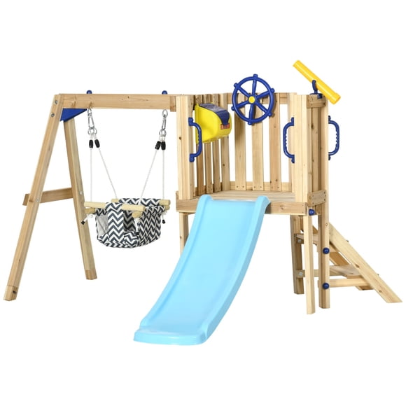 Wooden Outdoor Playset with Slide, Swing, and Fort, Solid Fir Wood Structure with Captain's Wheel and Telescope, 67"L x 78.75"W x 46.5"H, Natural Wood, Backyard Play Zone